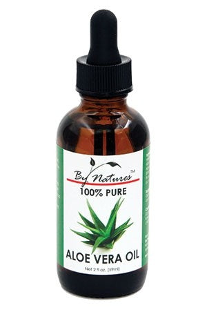 A bottle of BY NATURES 100% Pure Aloe Vera Oil with a green label and a black dropper cap.